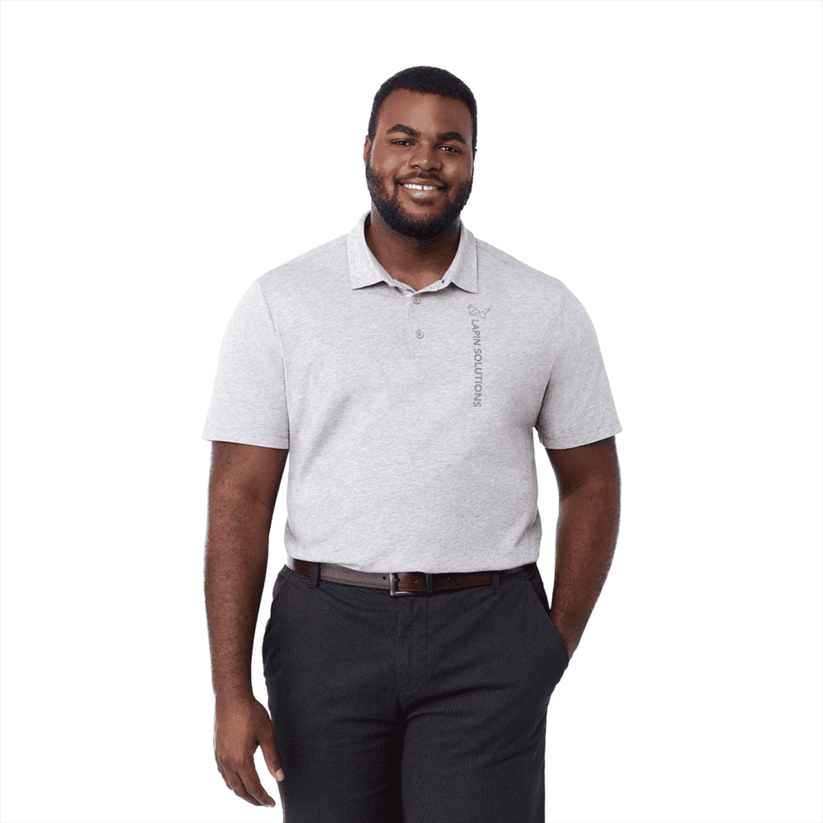 A man wearing a light grey short sleeve polo shirt, featuring a logo, paired with dark trousers.