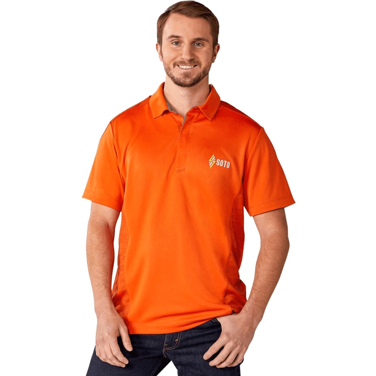 A bright orange men's polo shirt with short sleeves, featuring a logo on the chest.