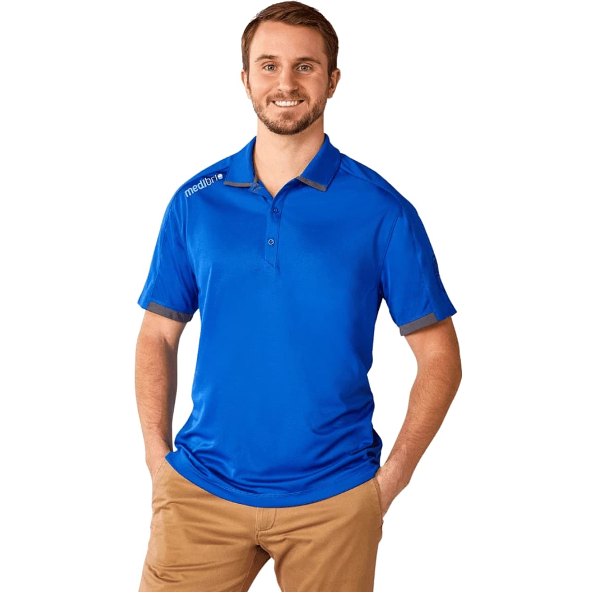 A blue men's short sleeve performance polo shirt with a logo on the chest, modelled by a man.