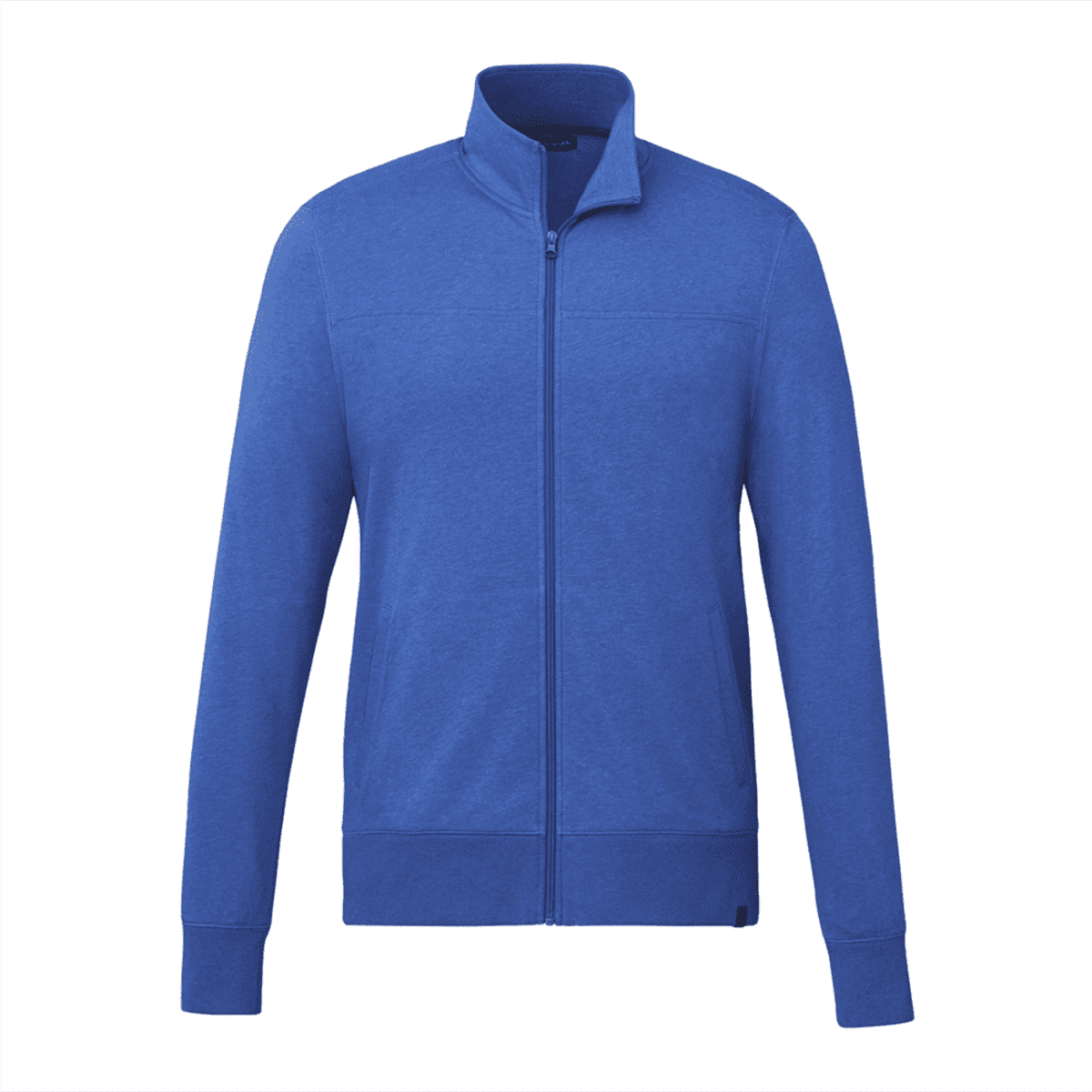 A blue full zip fleece jacket for men, featuring a collar and long sleeves. It has a logo on it.