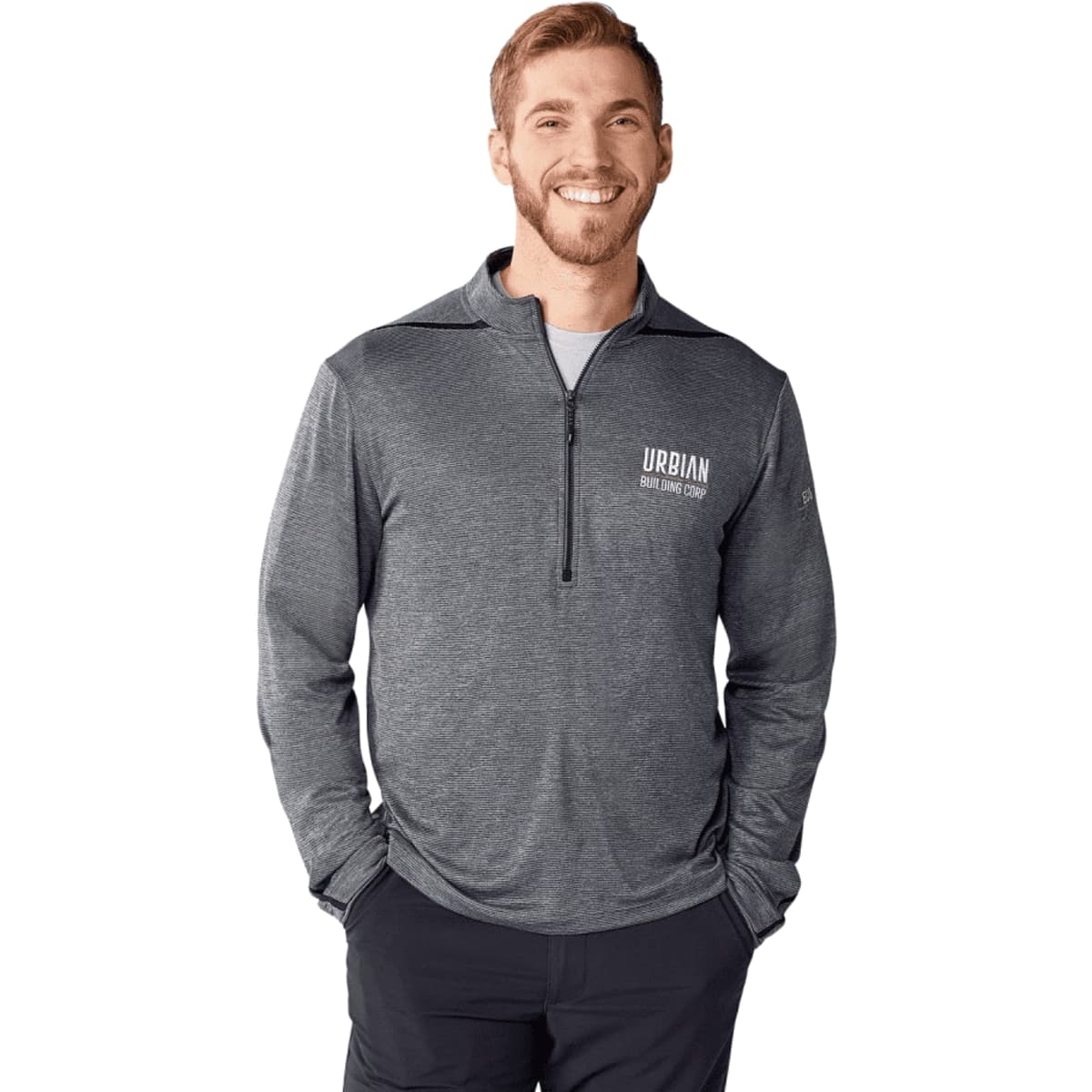 A men's half zip jacket in dark grey with a logo on the chest, featuring a performance knit design.