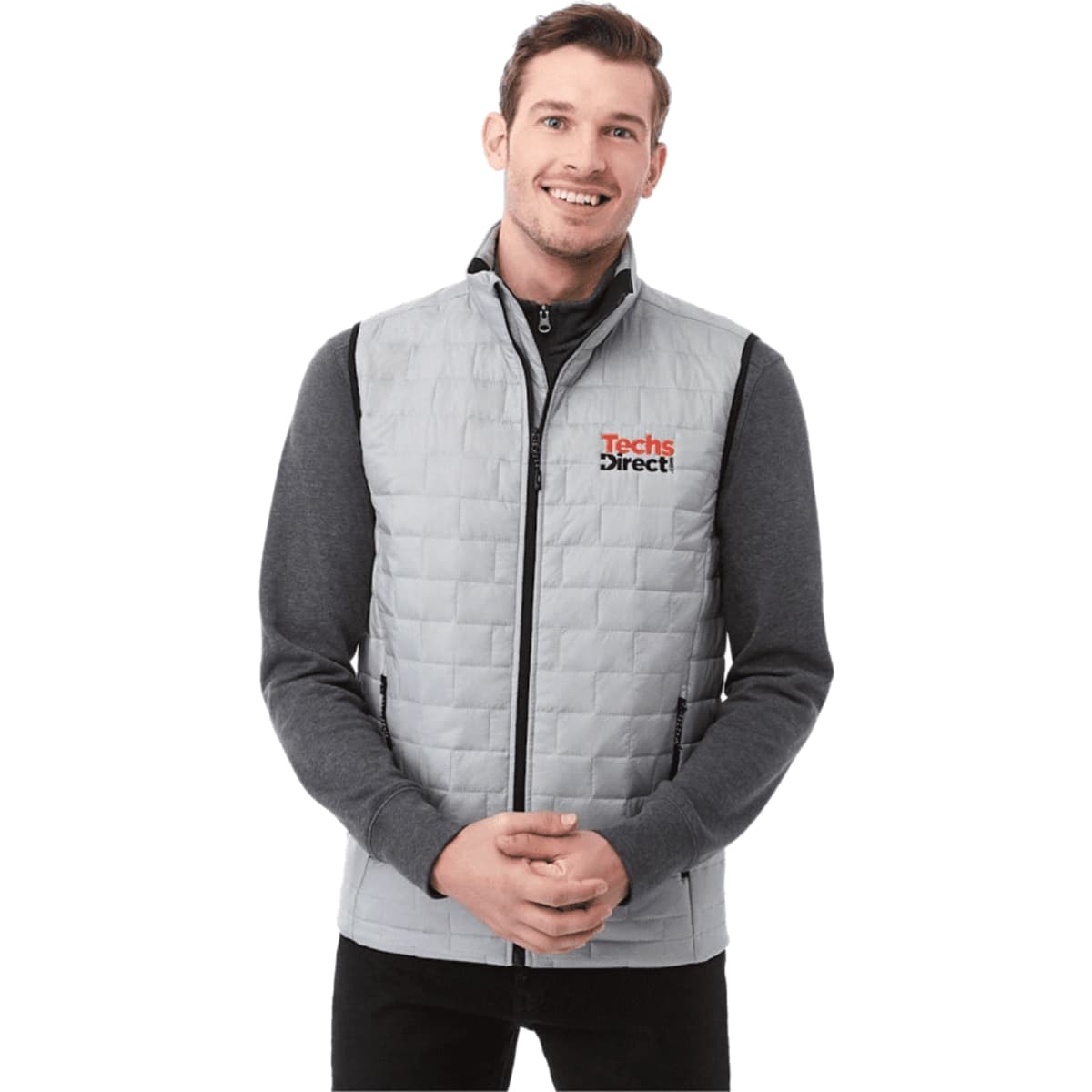 A light grey insulated puffer vest with a zip front and a logo, featuring a fitted design and a high collar.