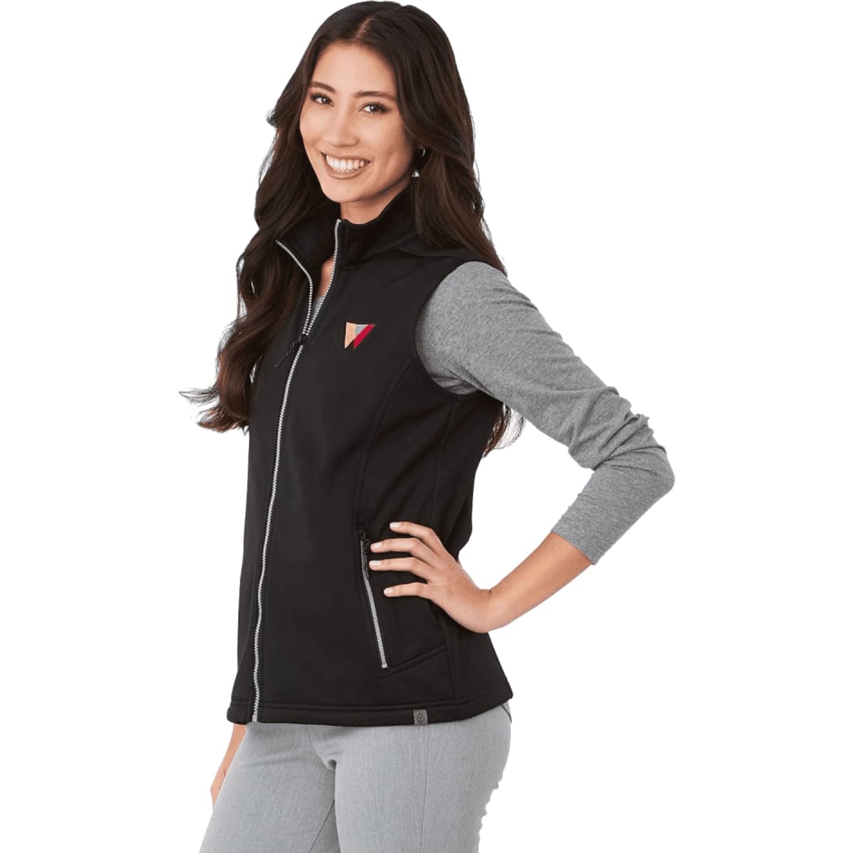 A black eco waterproof softshell vest with a grey sleeve, featuring a logo on the chest.