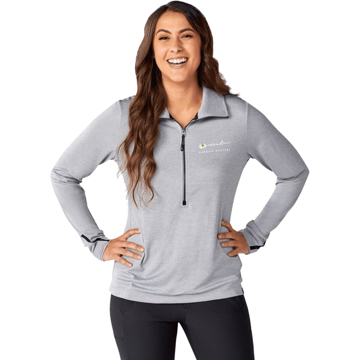 A light grey women's half zip jumper with long sleeves and a small logo on the chest.