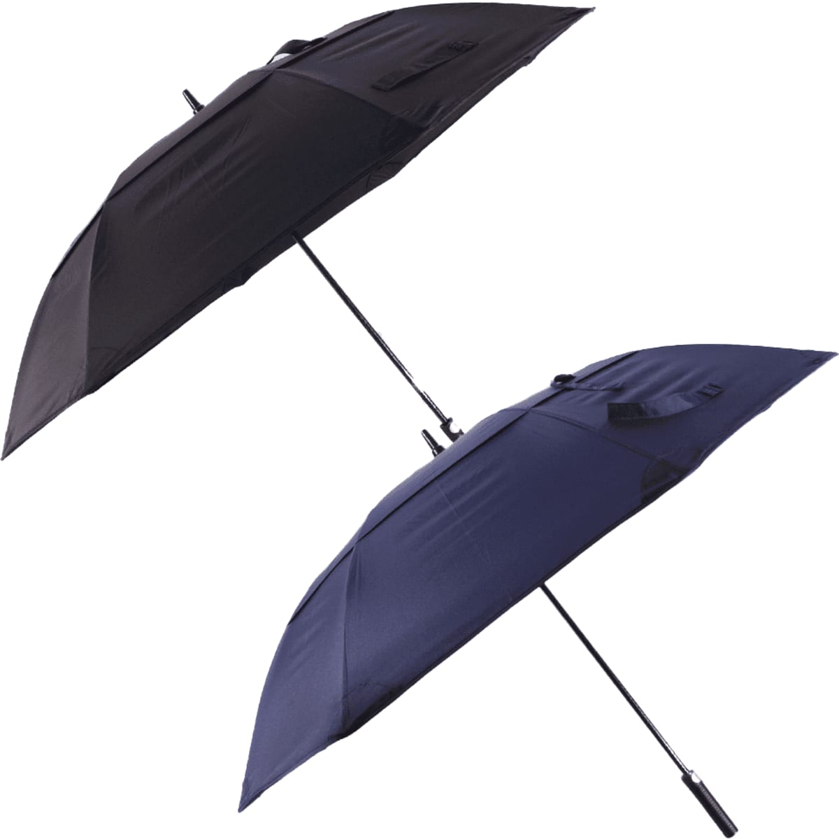 A 60" vented tipless golf umbrella in black and navy, featuring a sleek design and a handle with a logo.