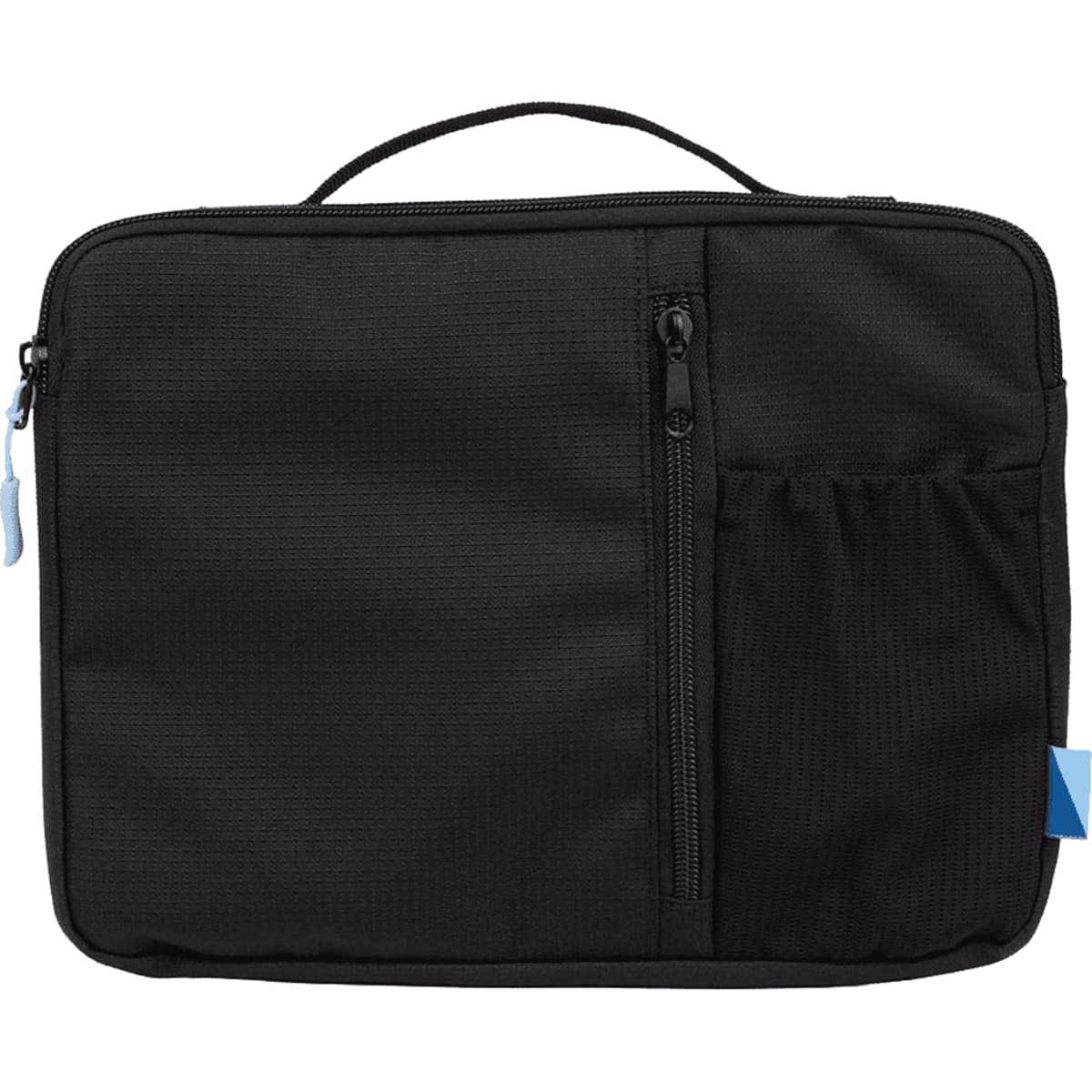 A black organiser case with a handle and front pocket, featuring a zip closure and a logo.