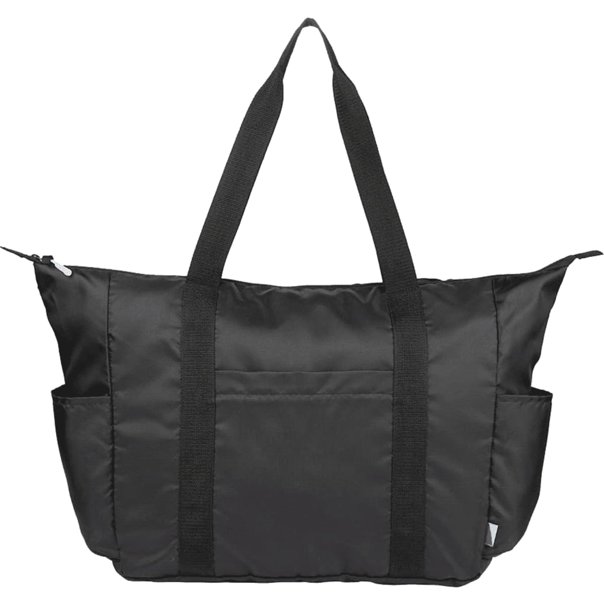 A black packable travel duffel bag with sturdy handles and side pockets. It features a logo on the front.