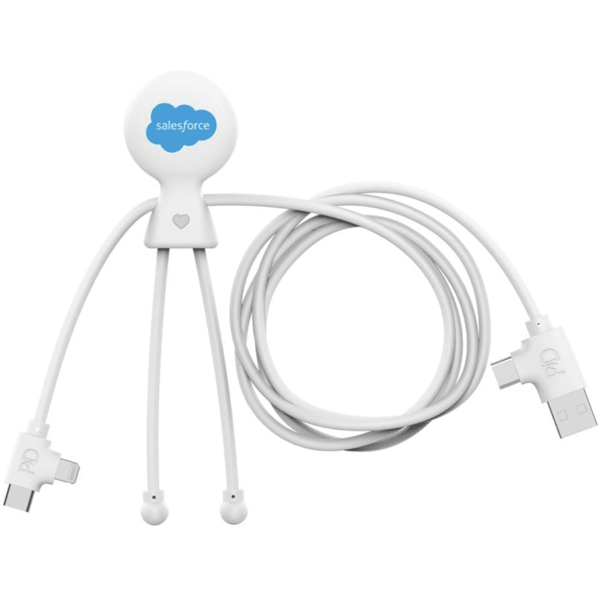 A white charging cable with a character-shaped connector and multiple ends for different devices. It features a logo.