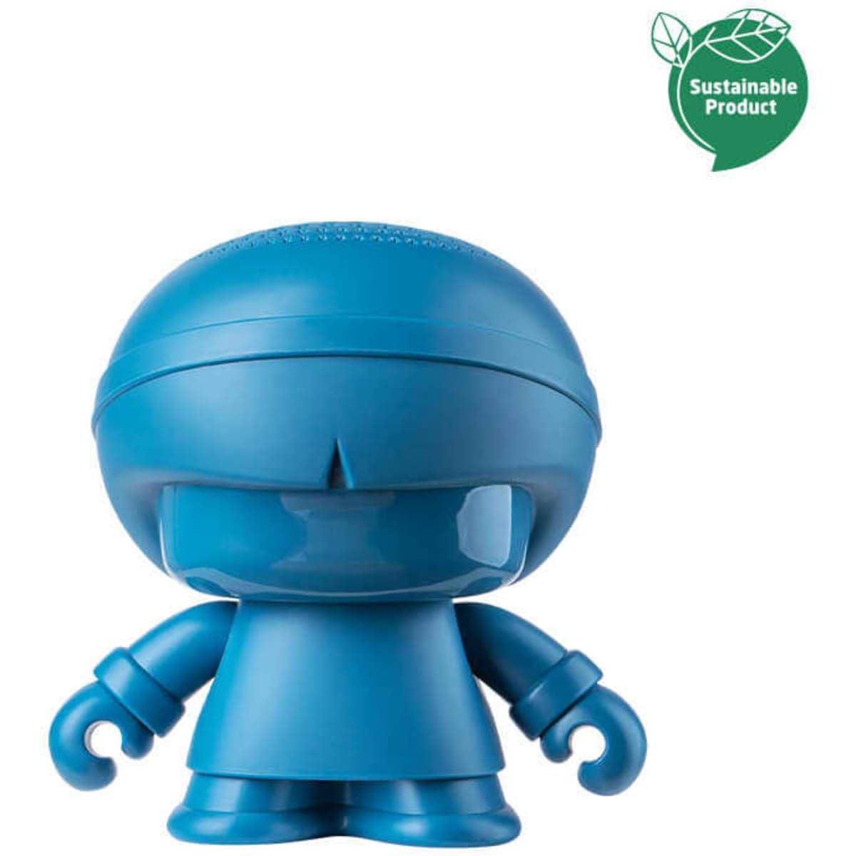 A white speaker shaped like a character, made from recycled plastic, featuring a logo on the front side.
