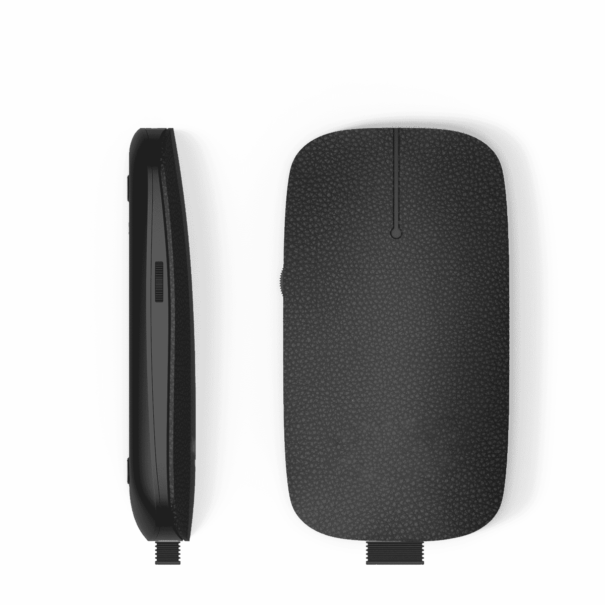 A wireless mouse in black with a textured surface and a slim design, featuring a side view and top view.