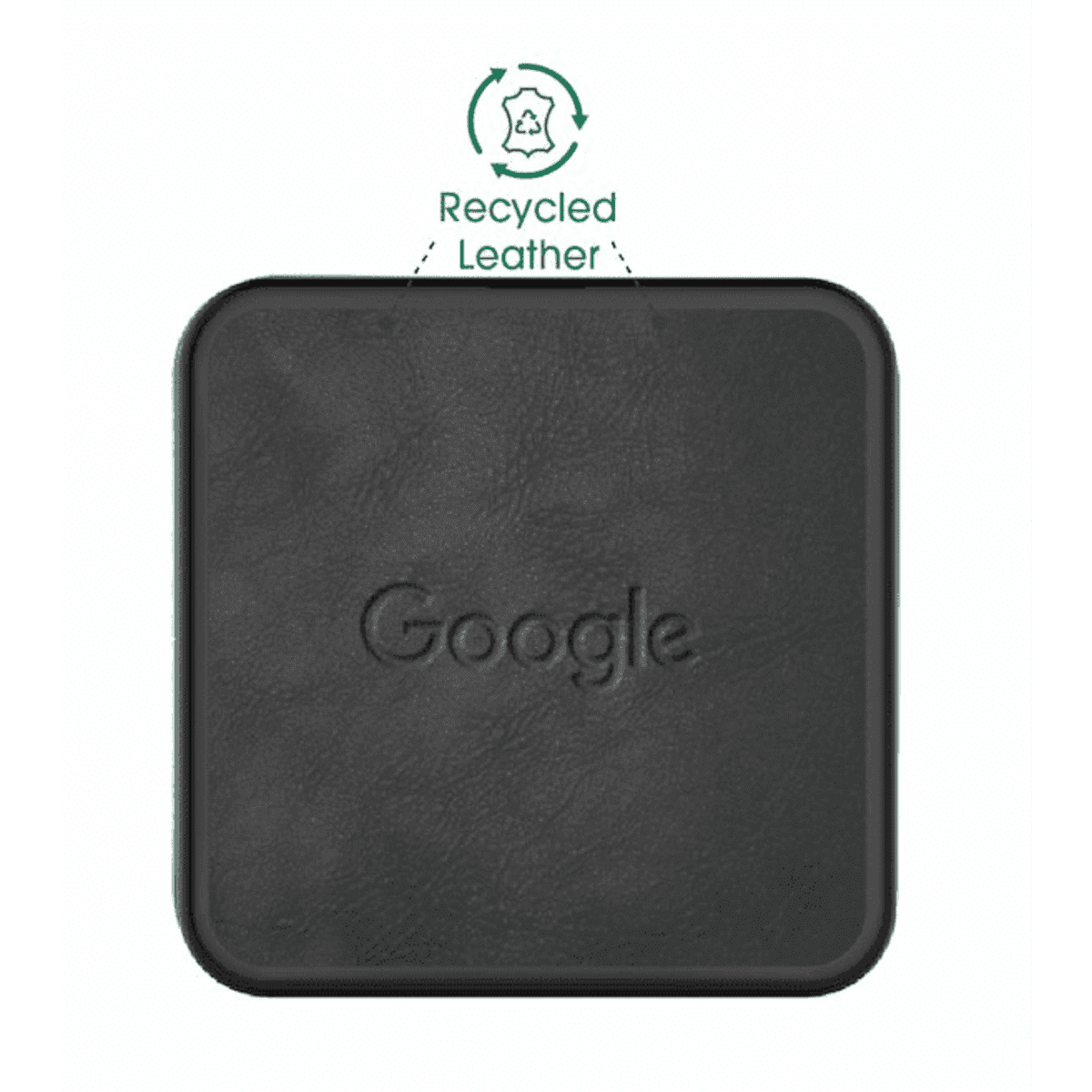 A wireless charger made of black recycled leather, featuring a subtle branding and a square design.