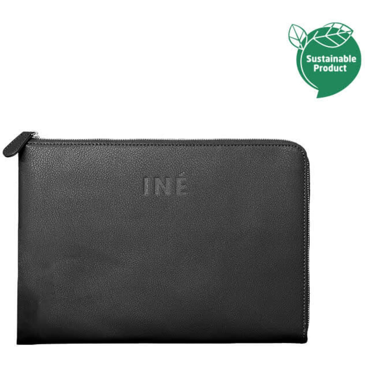 A black tablet case with a zip closure, featuring a logo and a sustainable product badge.