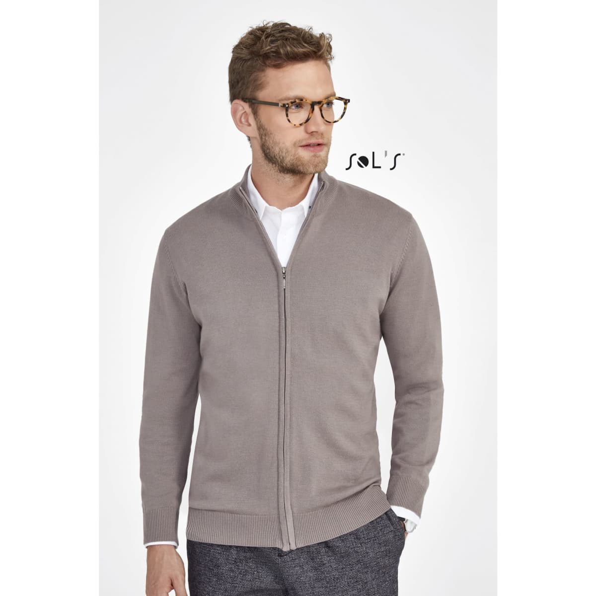 Men's zippered cardigan in a light grey cotton and acrylic mix, featuring a slim fit and a branding logo.