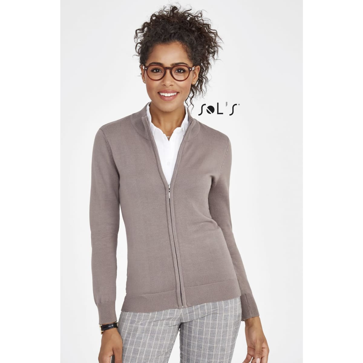A zippered women's cardigan in a light brown cotton acrylic mix, featuring a simple design and a logo.
