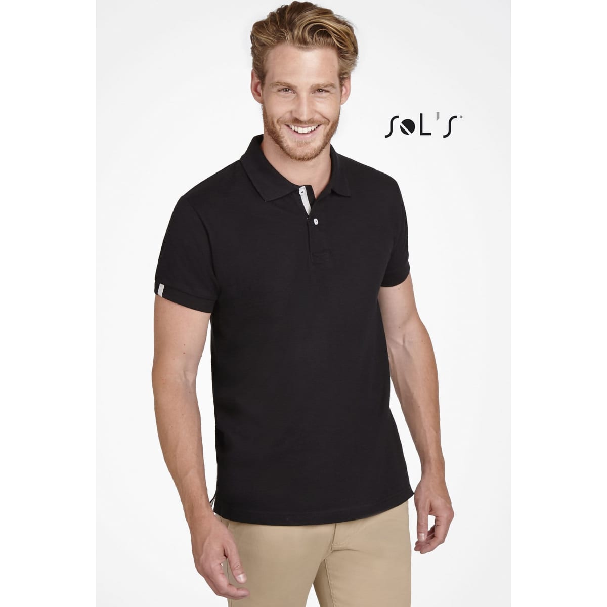 A black men's polo shirt made of 100% ring spun cotton, featuring a logo on the sleeve.
