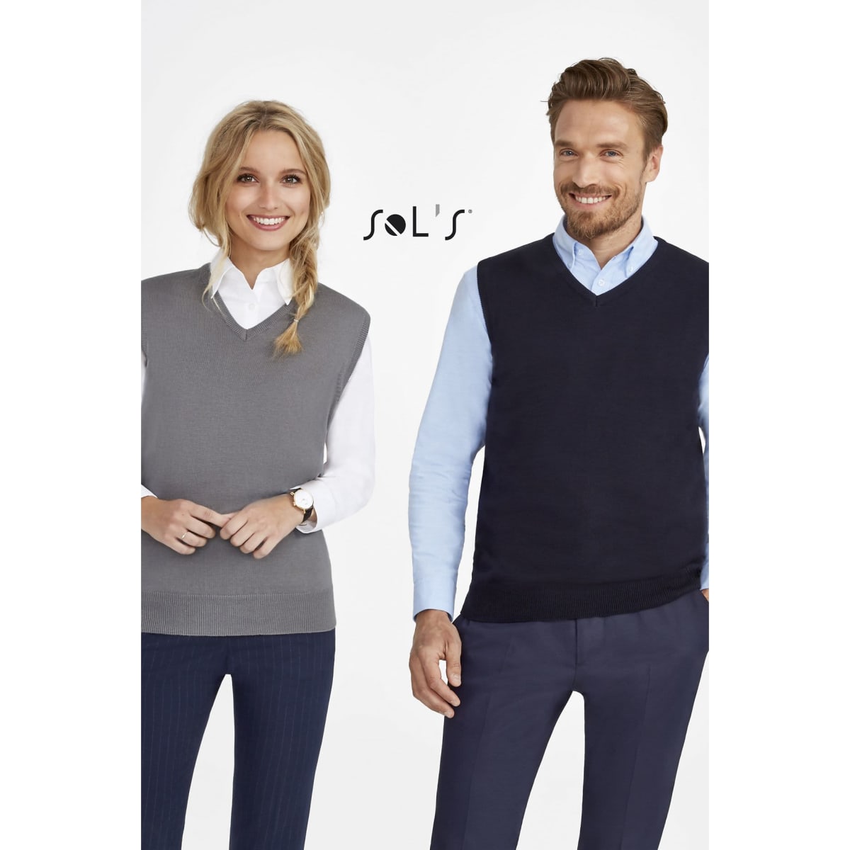 A grey unisex cotton/acrylic vest worn by a woman and a navy vest worn by a man, both with a logo.