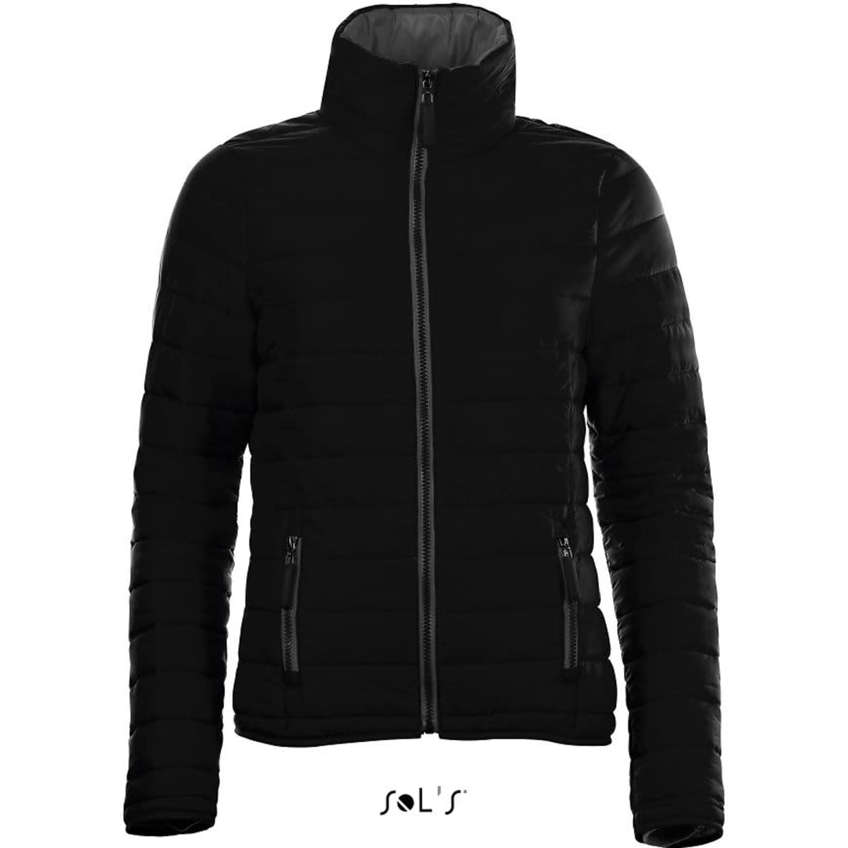 A black women's padded jacket with a zip front and side pockets, featuring a fitted design. It has a logo.