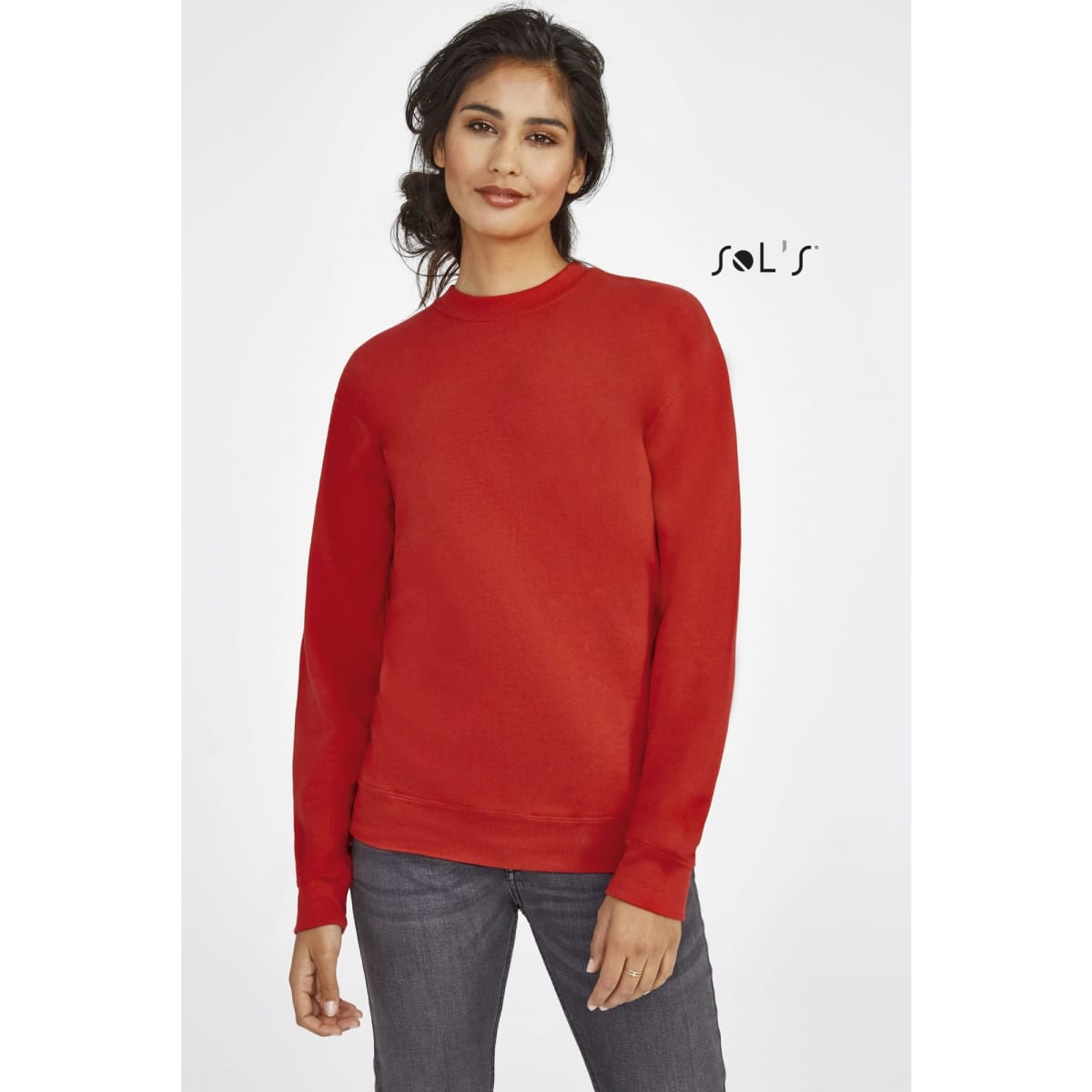 A red unisex sweatshirt made of 80% cotton and 20% polyester, featuring a logo.