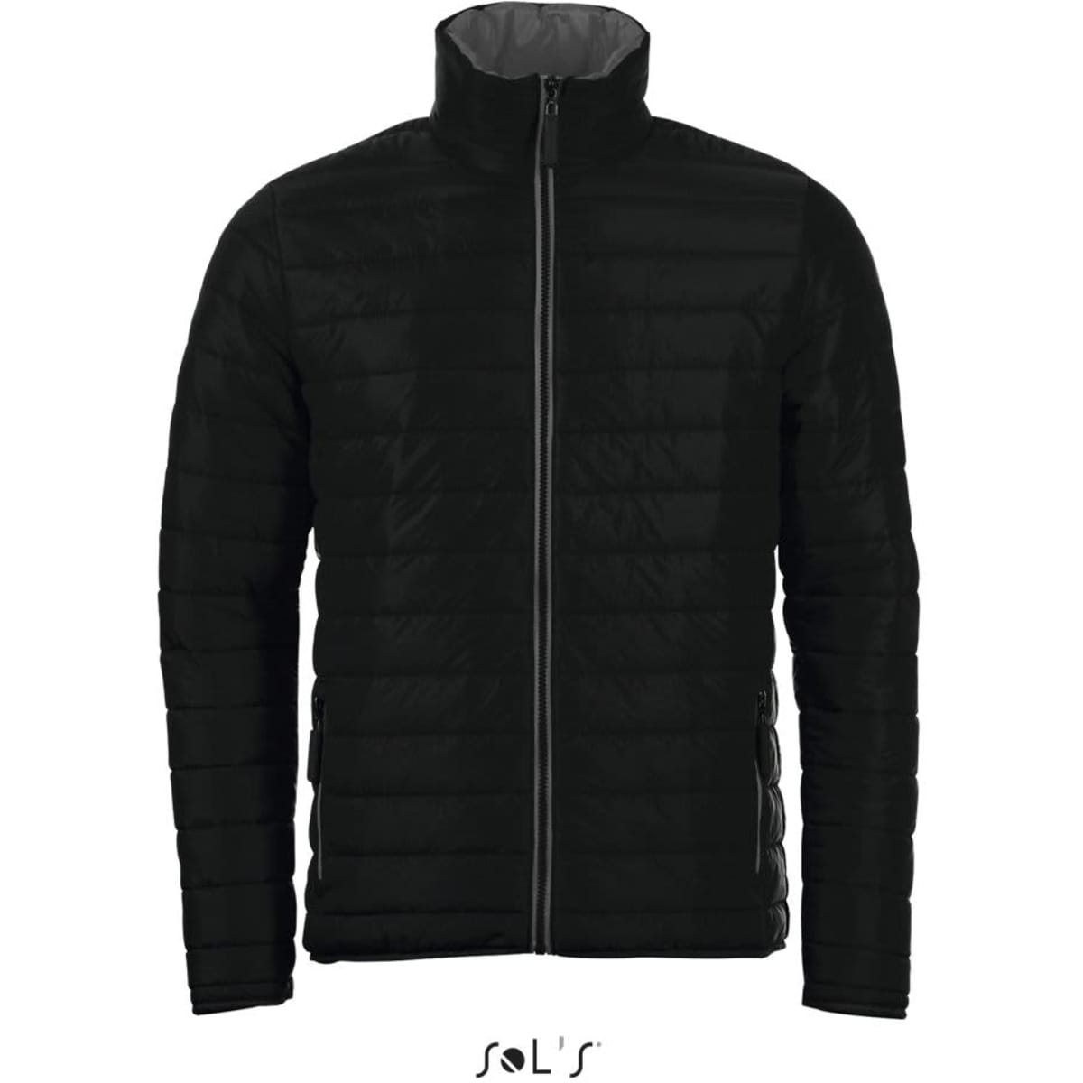 A black padded men's jacket with a zip front and high collar, featuring a logo on the lower left side.