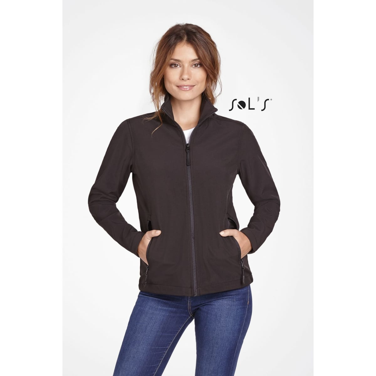 A woman's black two-layer soft shell jacket with a zip front, featuring a collar and side pockets.