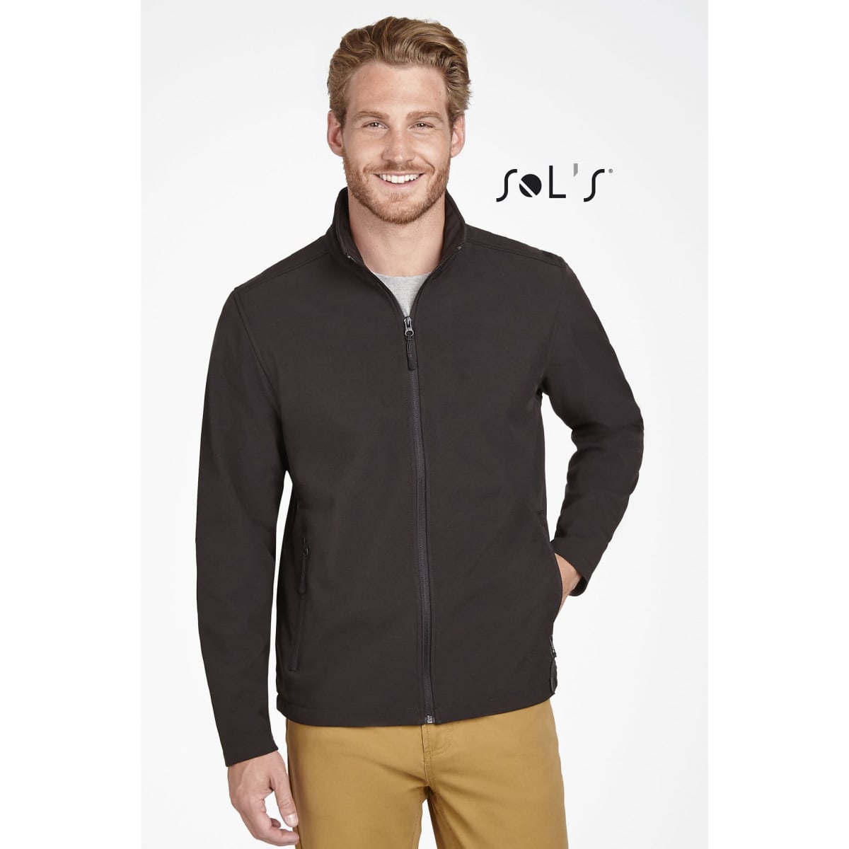 A men's soft shell jacket in black, featuring a zip front and a stand-up collar, with a logo present.