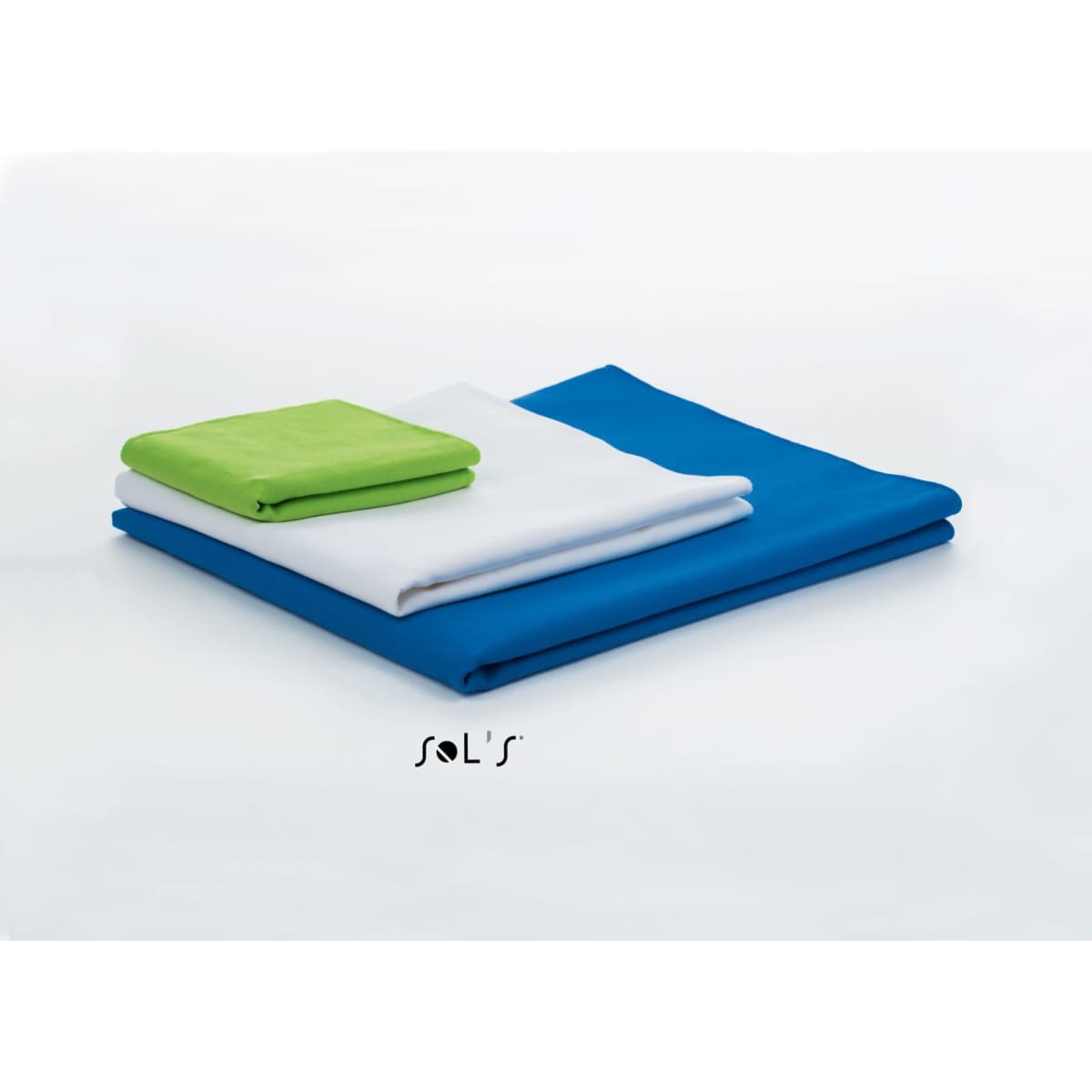 A set of three microfibre towels in green, white, and blue, stacked together, with a logo present.
