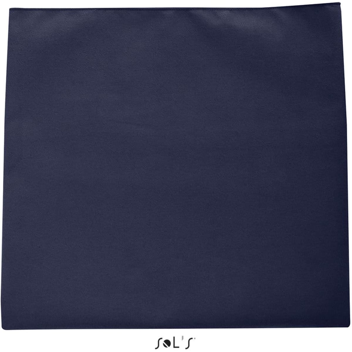 A navy blue microfibre sports towel with an elastic strap, measuring 50cm x 100cm. Features a branding logo.