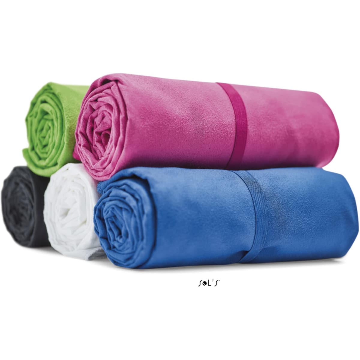 A stack of rolled microfibre towels in pink, blue, green, black, and white, tied with bands.