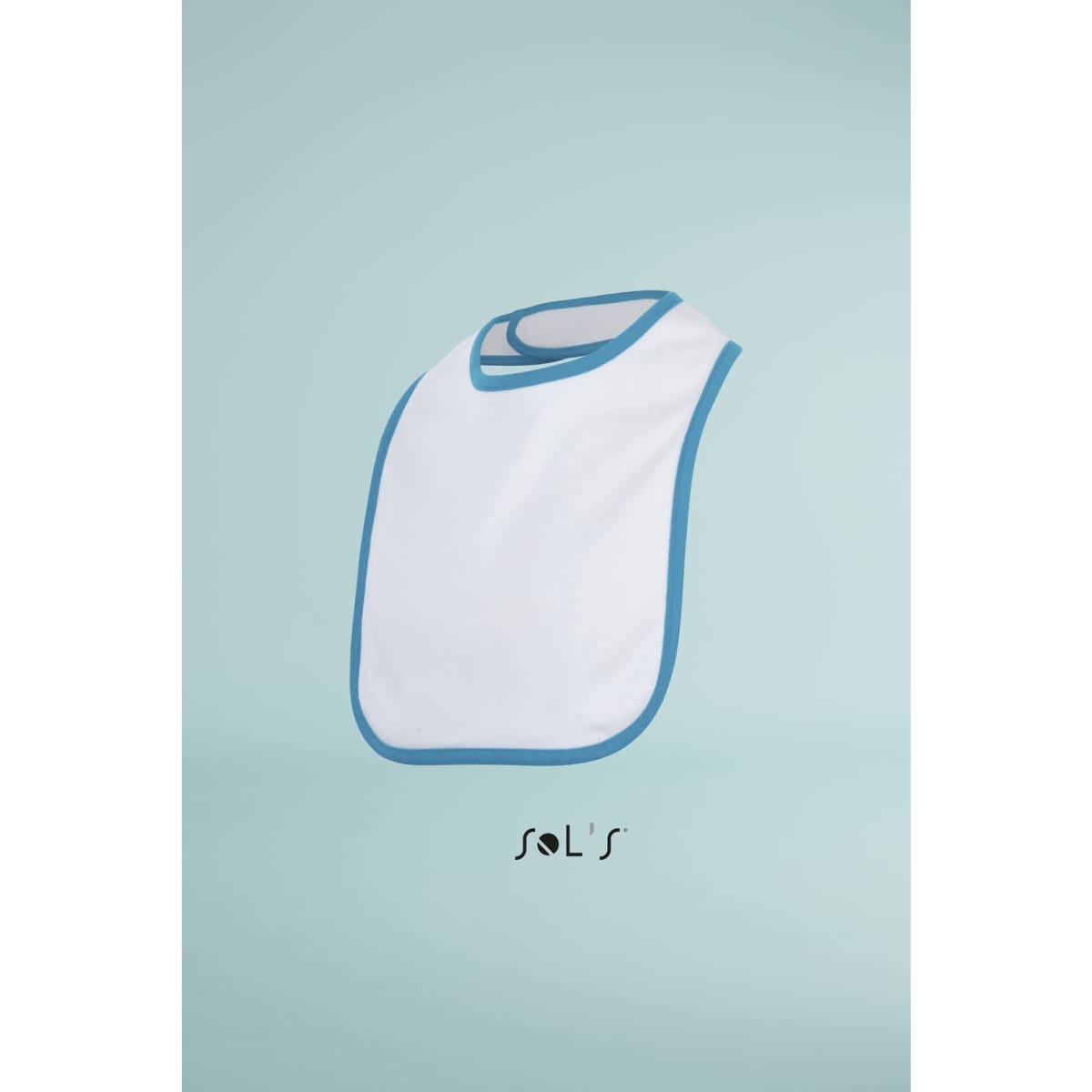 A baby bib in white with a blue trim, featuring a round neck opening and a logo on the front.