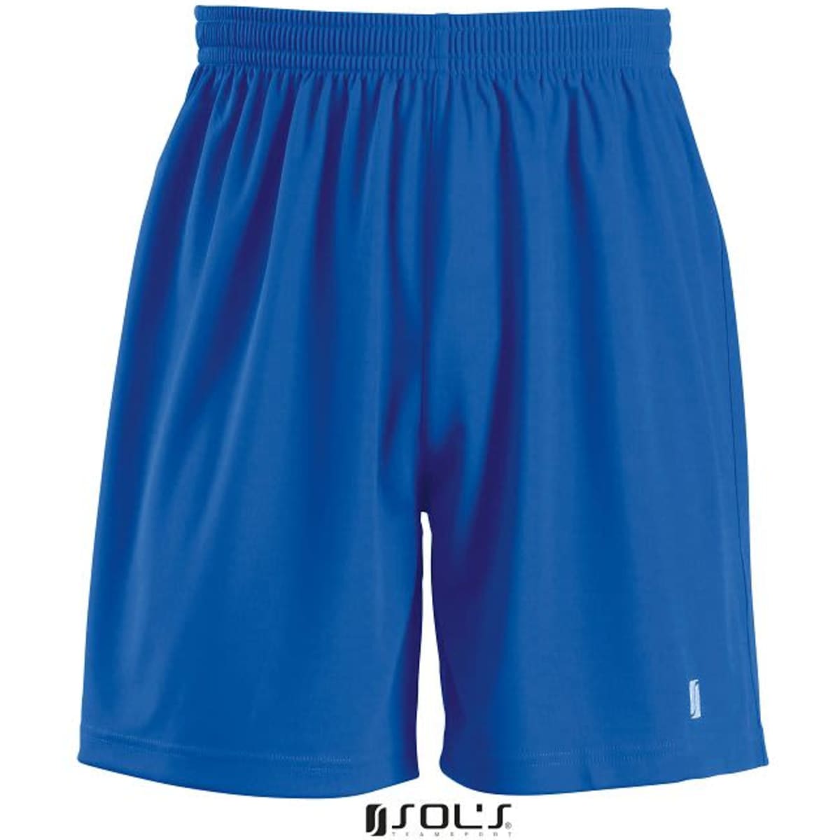 Blue shorts with an elastic waistband, featuring a logo at the bottom. Suitable for adults.