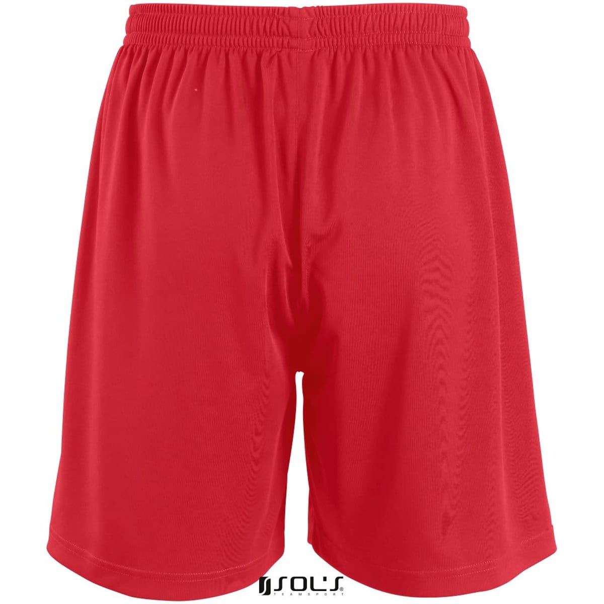 Red sports shorts for kids with an elastic waistband, featuring a logo at the bottom.