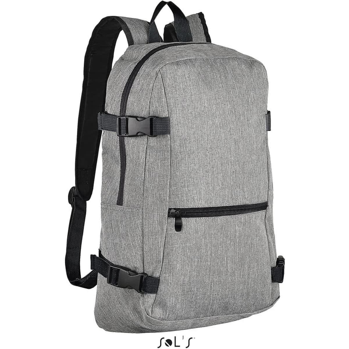 A grey backpack made of 600D polyester with a padded computer section and adjustable straps. It features zippers and a logo.
