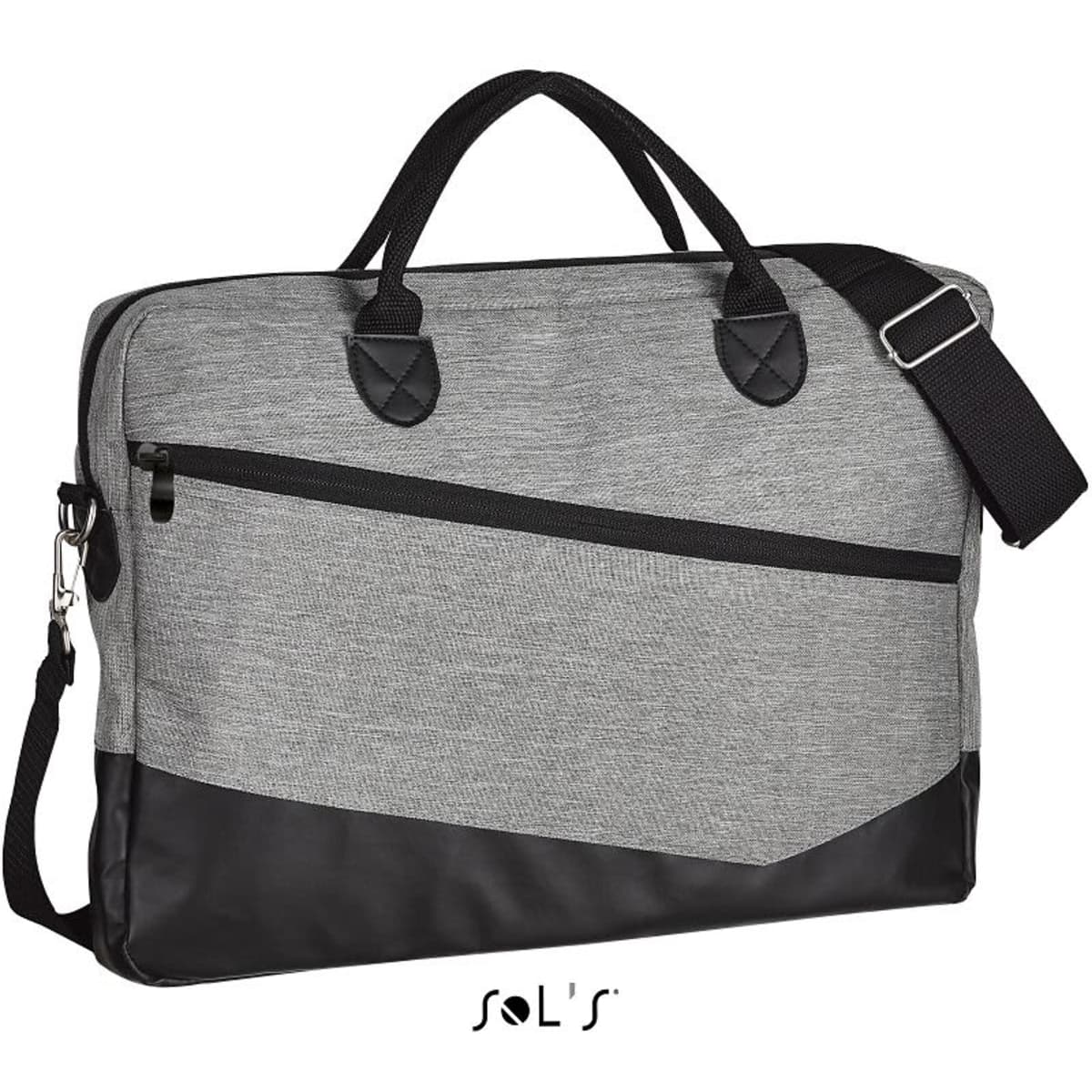 A grey and black briefcase with dual handles, a shoulder strap, and a front zip pocket. It has a logo on it.