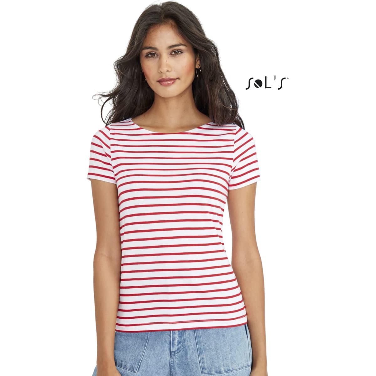 A women's round neck T-shirt in white and red striped pattern, made from combed cotton, featuring a logo.