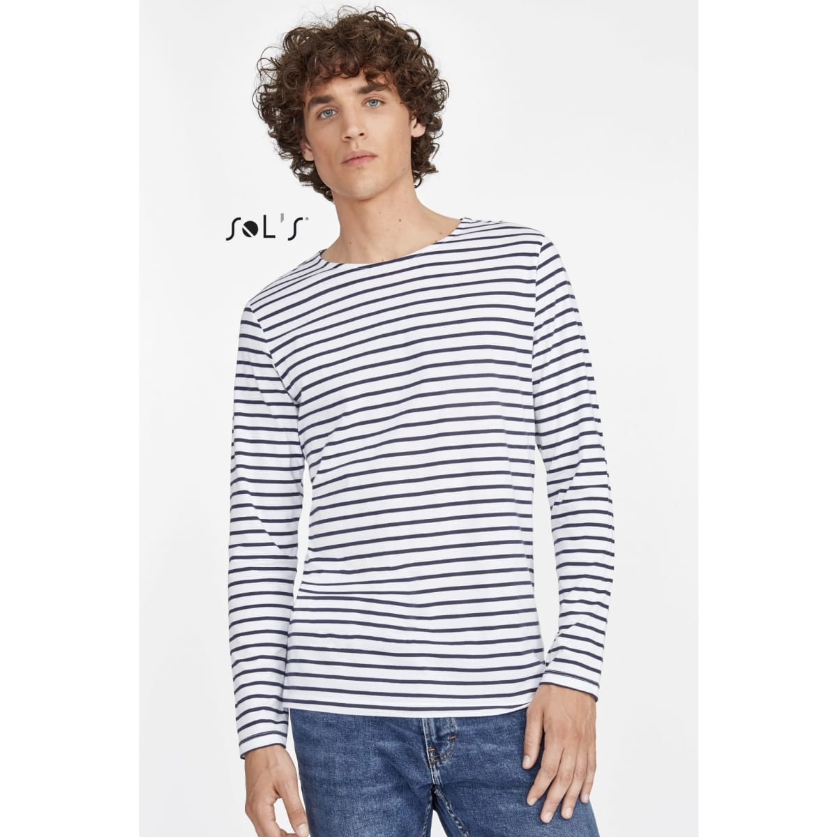 A long-sleeve men's T-shirt in white with navy stripes, made from 100% combed ring-spun cotton, featuring a logo.