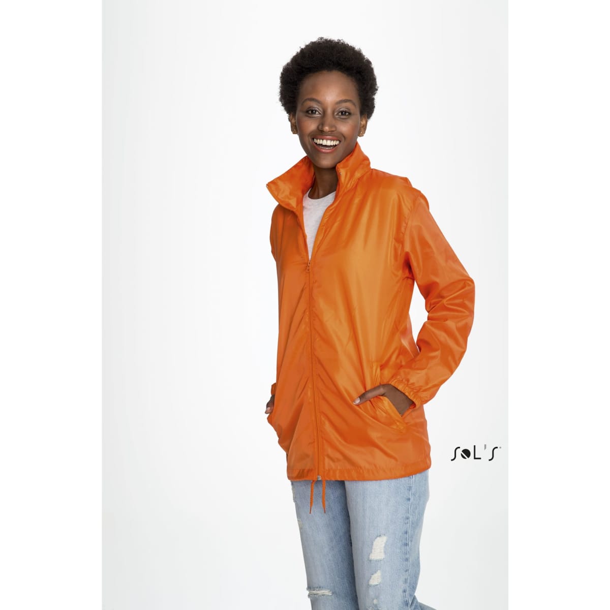 An orange unisex water-repellant rain coat with a hidden hood, featuring side pockets and a fitted design.