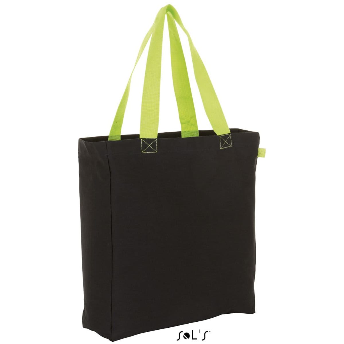 A black shopping bag with bright green straps, featuring a brand logo on the bottom.