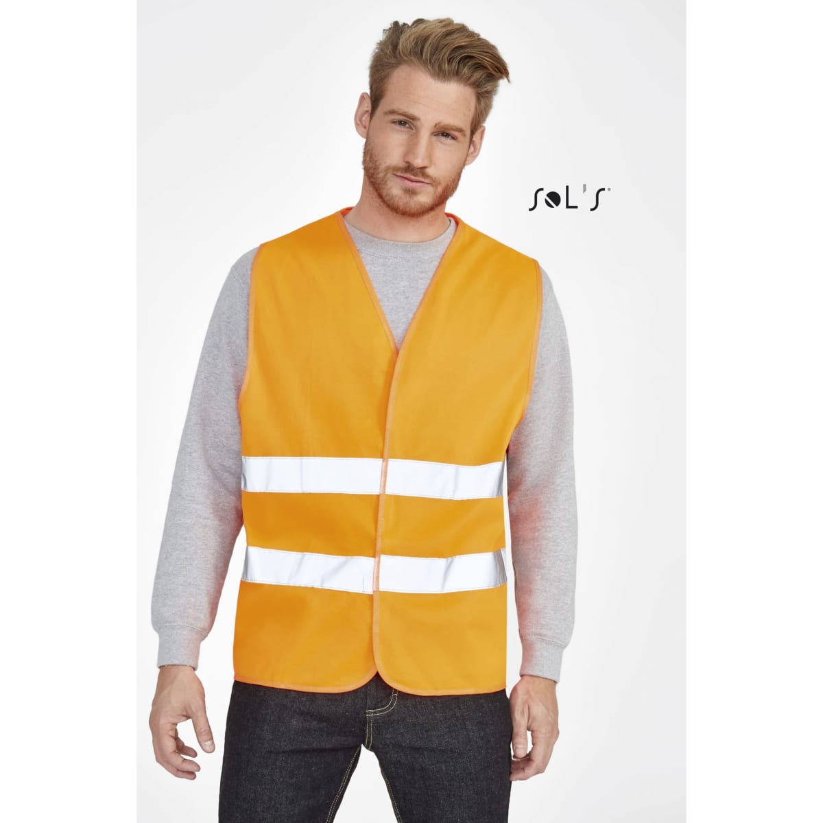 An orange unisex safety vest with reflective white stripes, featuring a logo on the upper left.