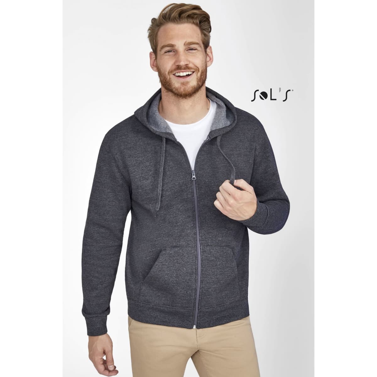 A zippered unisex hoodie in stone colour, made of 50% cotton and 50% polyester, featuring a logo.
