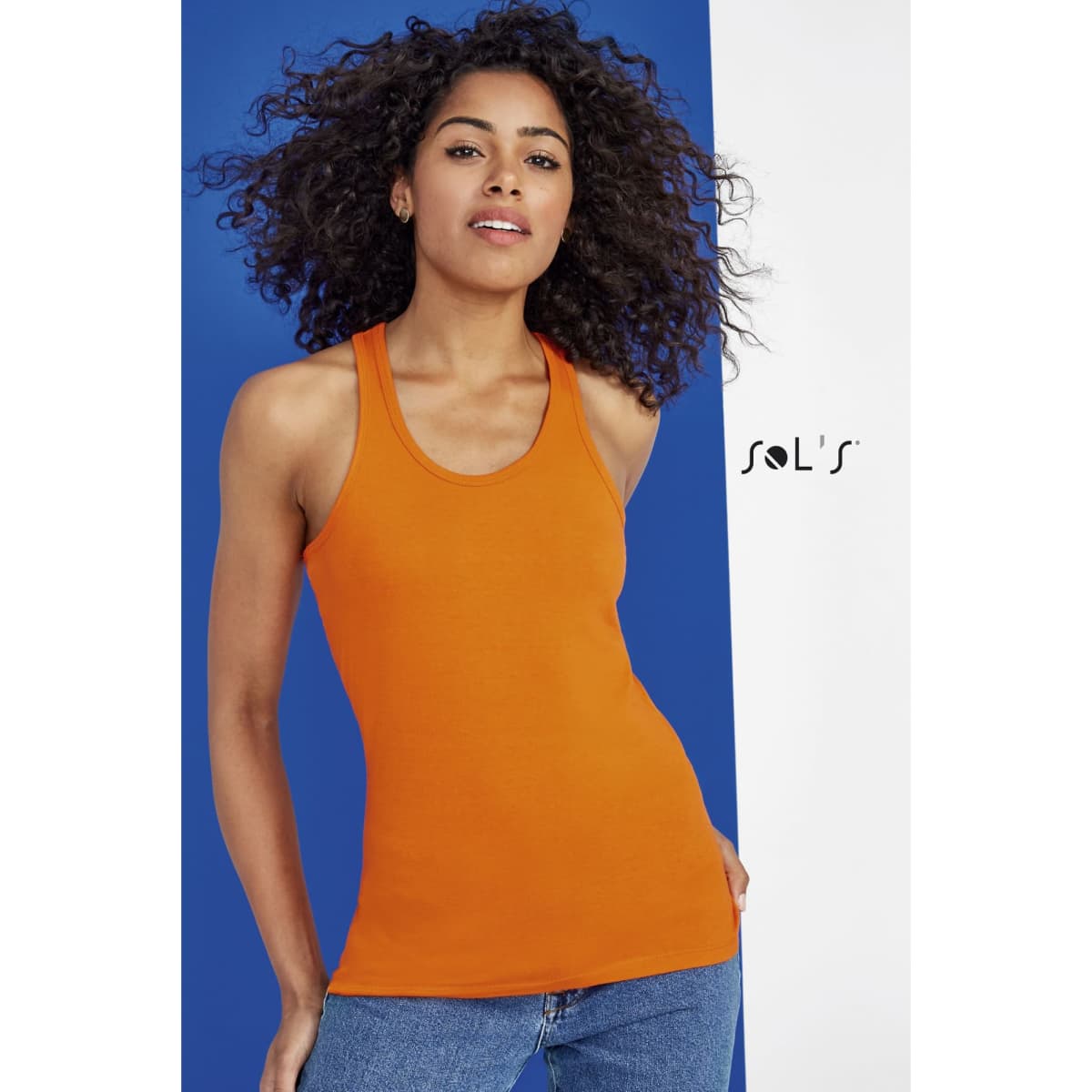 An orange women's singlet tank top made of 100% combed ring spun cotton, displayed against a blue background.