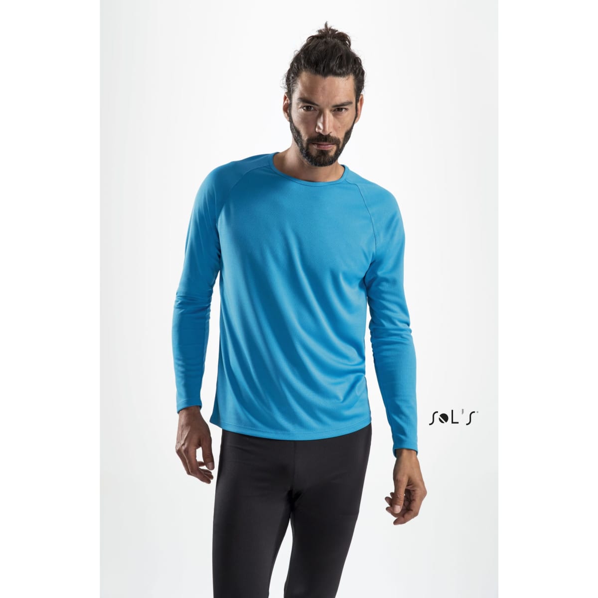 A light blue long-sleeve men's T-shirt made from 100% breathable polyester, featuring a logo.
