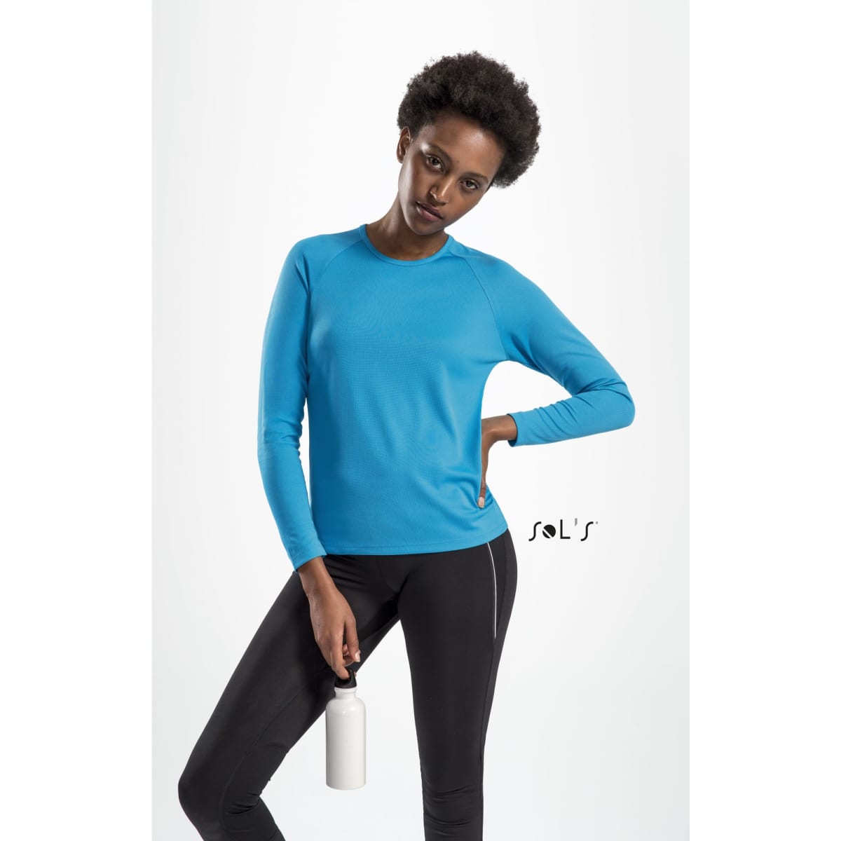 A long-sleeve women's T-shirt in bright blue made from 100% breathable polyester, featuring a logo.