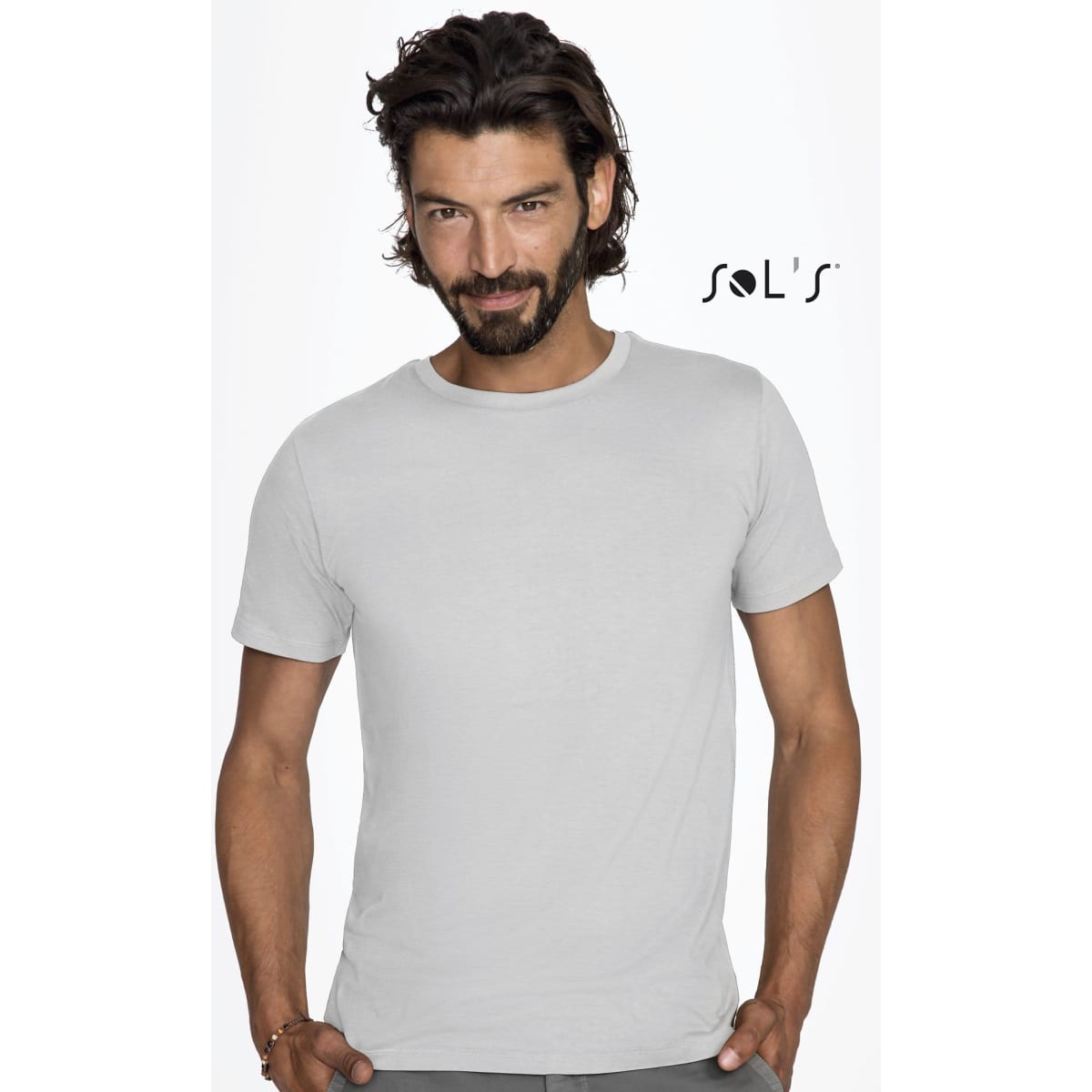 A grey men's T-shirt made from 100% organically grown cotton, featuring a logo on the side.