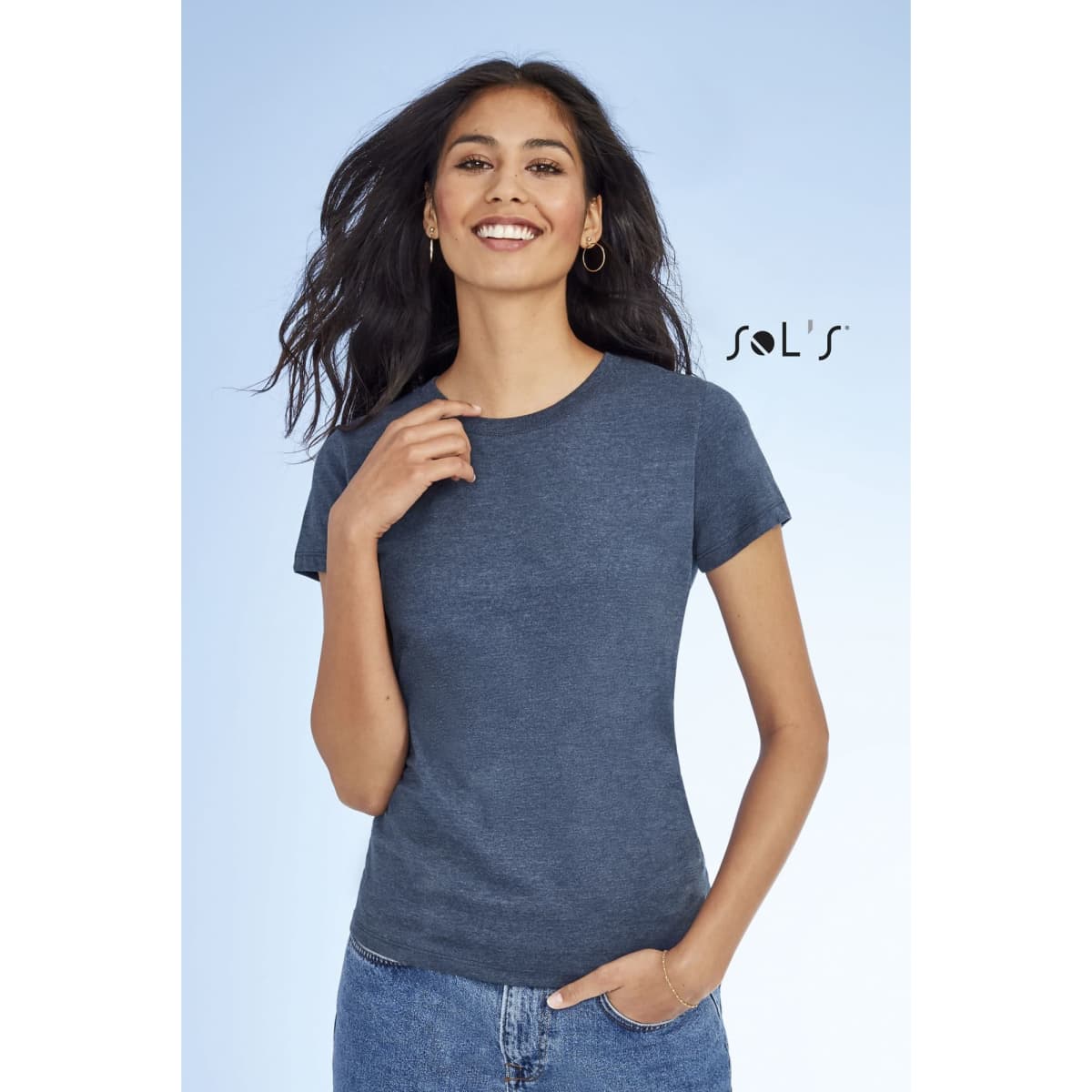 A women's round neck T-shirt in dark blue with short sleeves, featuring a logo.