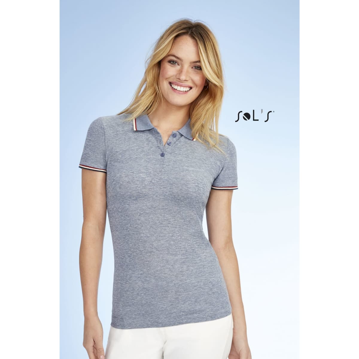 Heather grey women's polo shirt featuring a fitted design and contrasting collar stripes. Includes a logo.