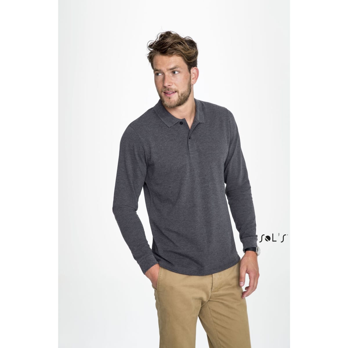 A long sleeve men's polo shirt in dark grey cotton pique, featuring a collar and a branding logo.