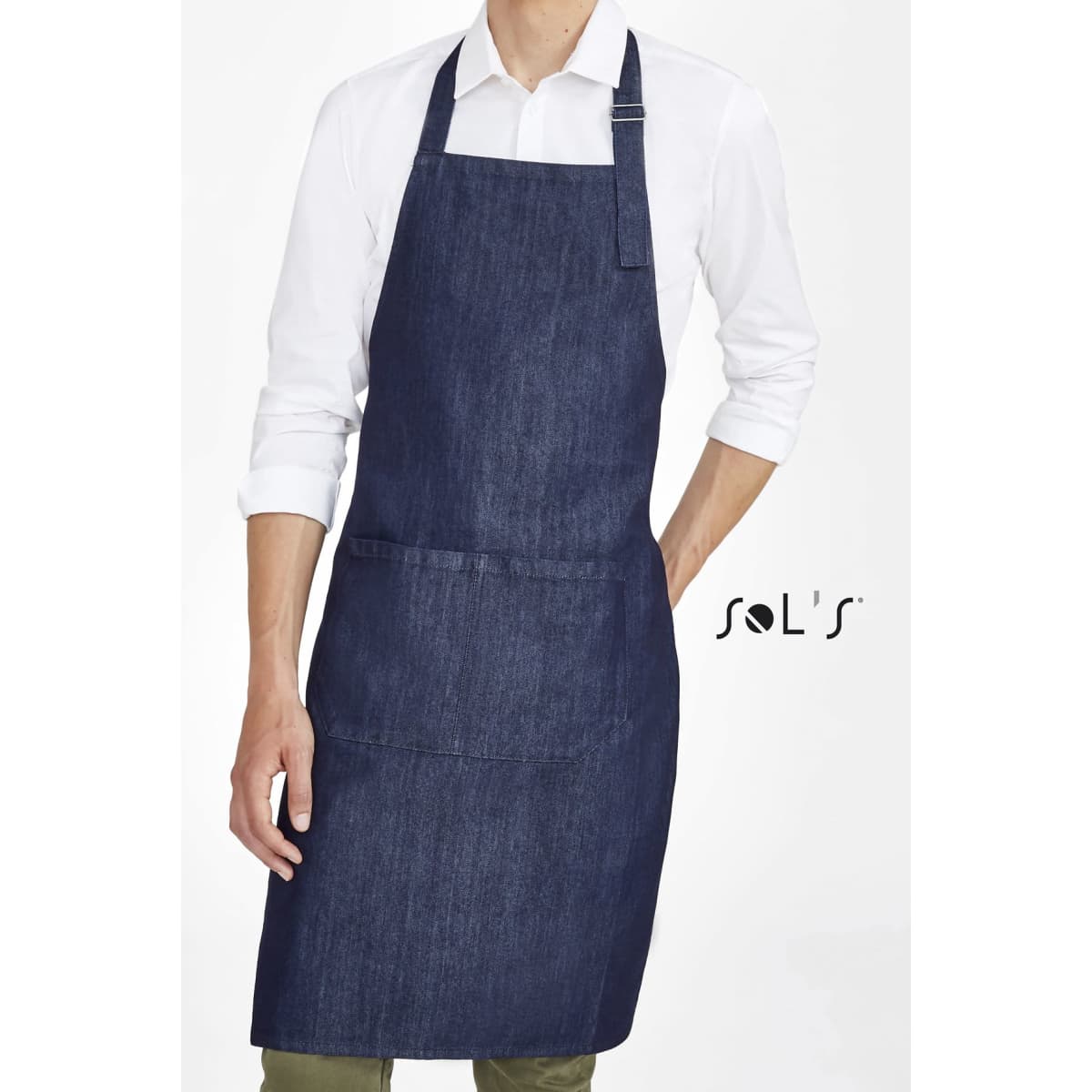 A denim apron with a pocket, featuring a dark blue colour and an adjustable neck strap.
