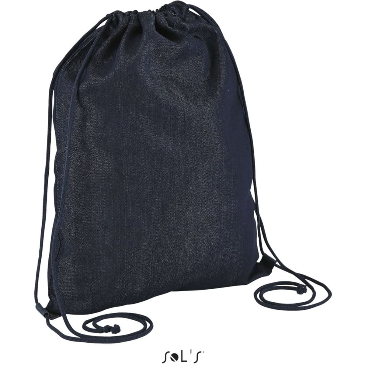 A denim fabric backsack in a dark blue shade with drawstring closure and shoulder straps.