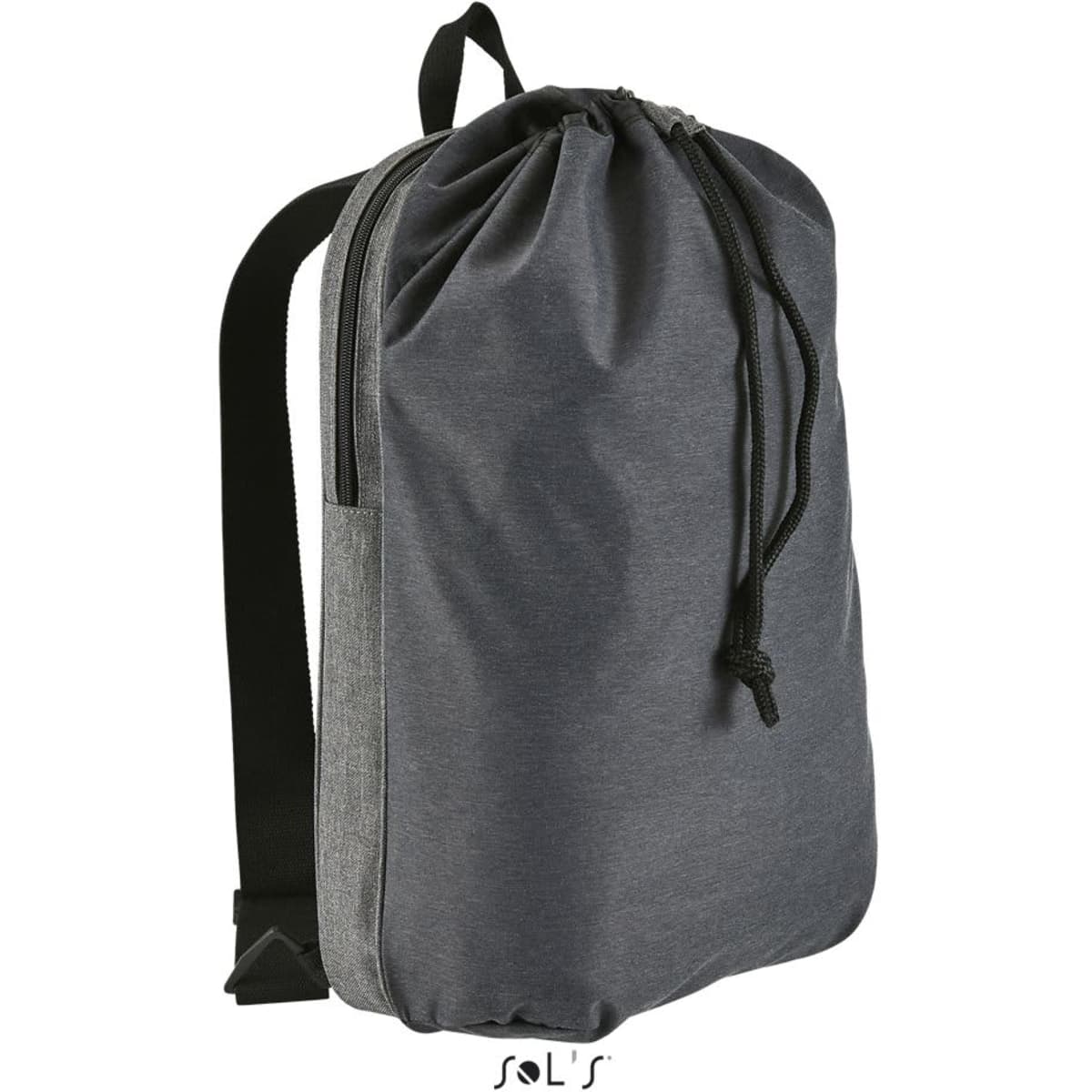 A grey duffle bag/backpack with a drawstring closure and a side zip pocket, featuring shoulder straps and a logo.