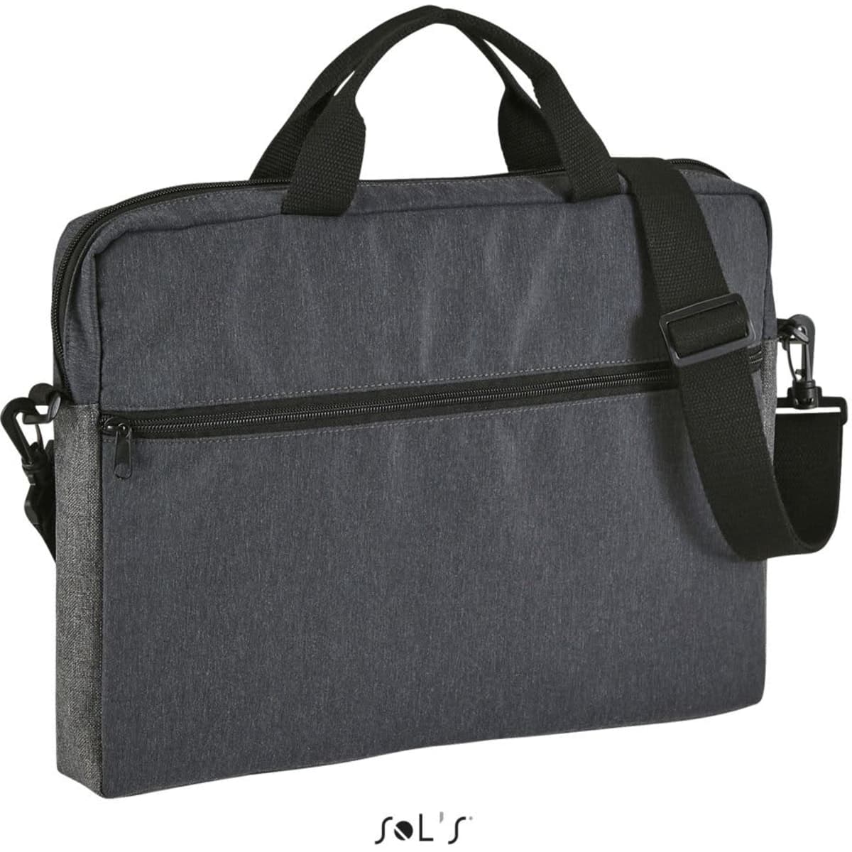 A dual material briefcase in dark grey and lighter grey, featuring a shoulder strap and dual handles.